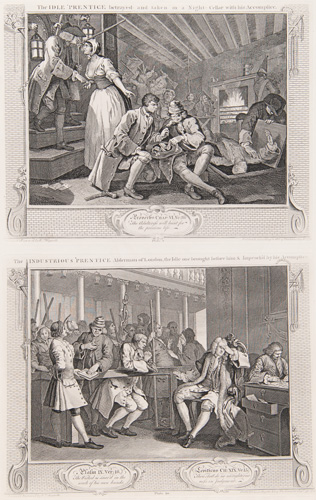 Industry and Idleness
(Plate 9)
The Idle 'Prentice betray'd by his Whore & taken in a Night Cellar with his Accomplice

and

Industry and Idleness
(Plate 10)
The Industrious 'Prentice Alderman of London, the Idle one brought before him & Impeach'd by his Accomplice 